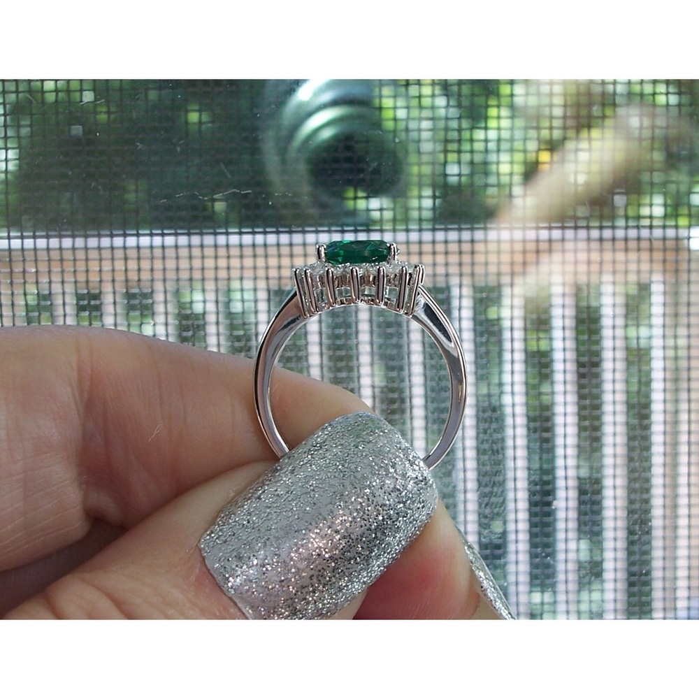 925 STERLING SILVER Simulated Emerald Cubic Zirconia Halo Ring - Picture 8 of 16